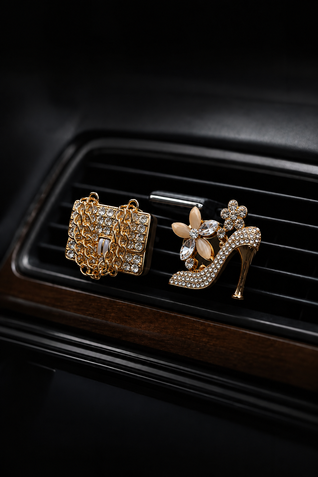 Rhinestone High Heel And Purse set Car Fragrance Clip - Golden