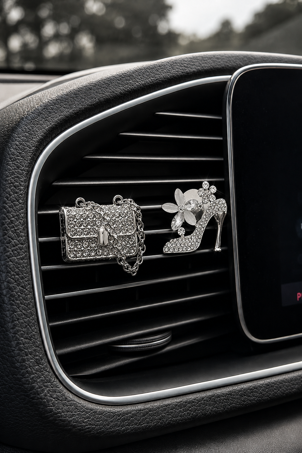 Rhinestone High Heel And Purse set Car Fragrance Clip - Silver